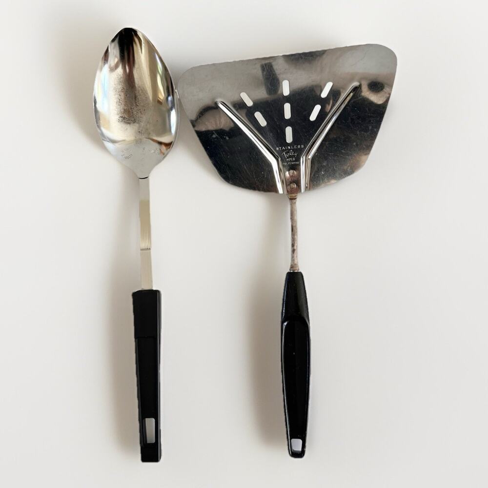 Vintage Foley Wide Stainless Spatula + Slotted Spoon Black Handles 12.5” USA